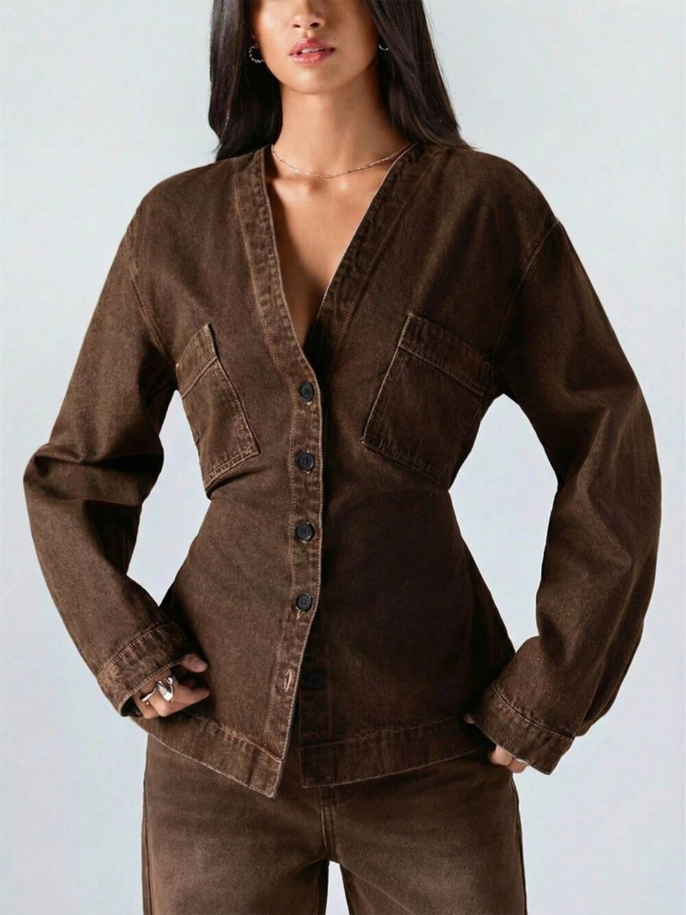 Brown Casual Women's Long Sleeve Denim Top